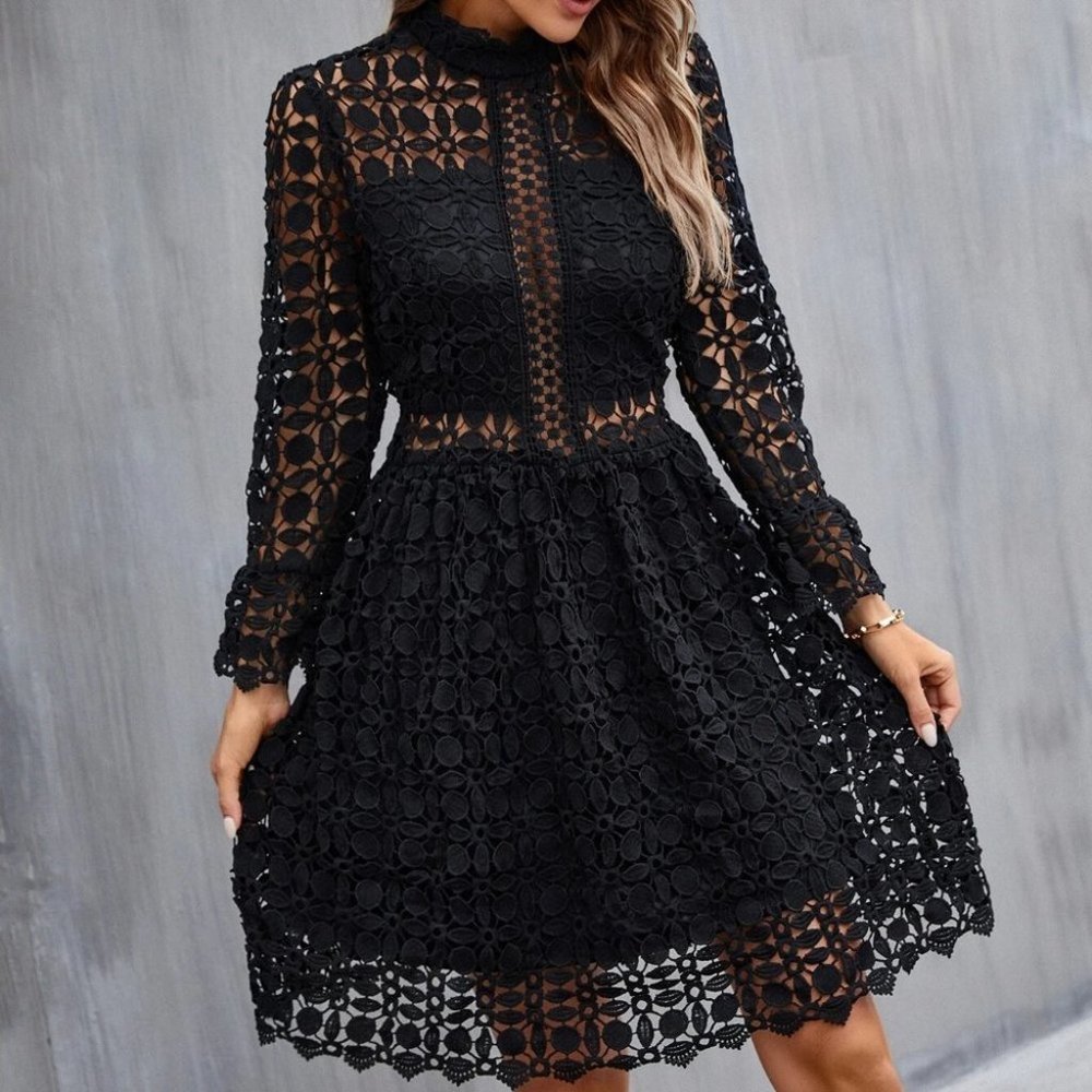 Mock Neck Flounce Sleeve Lace Dress black